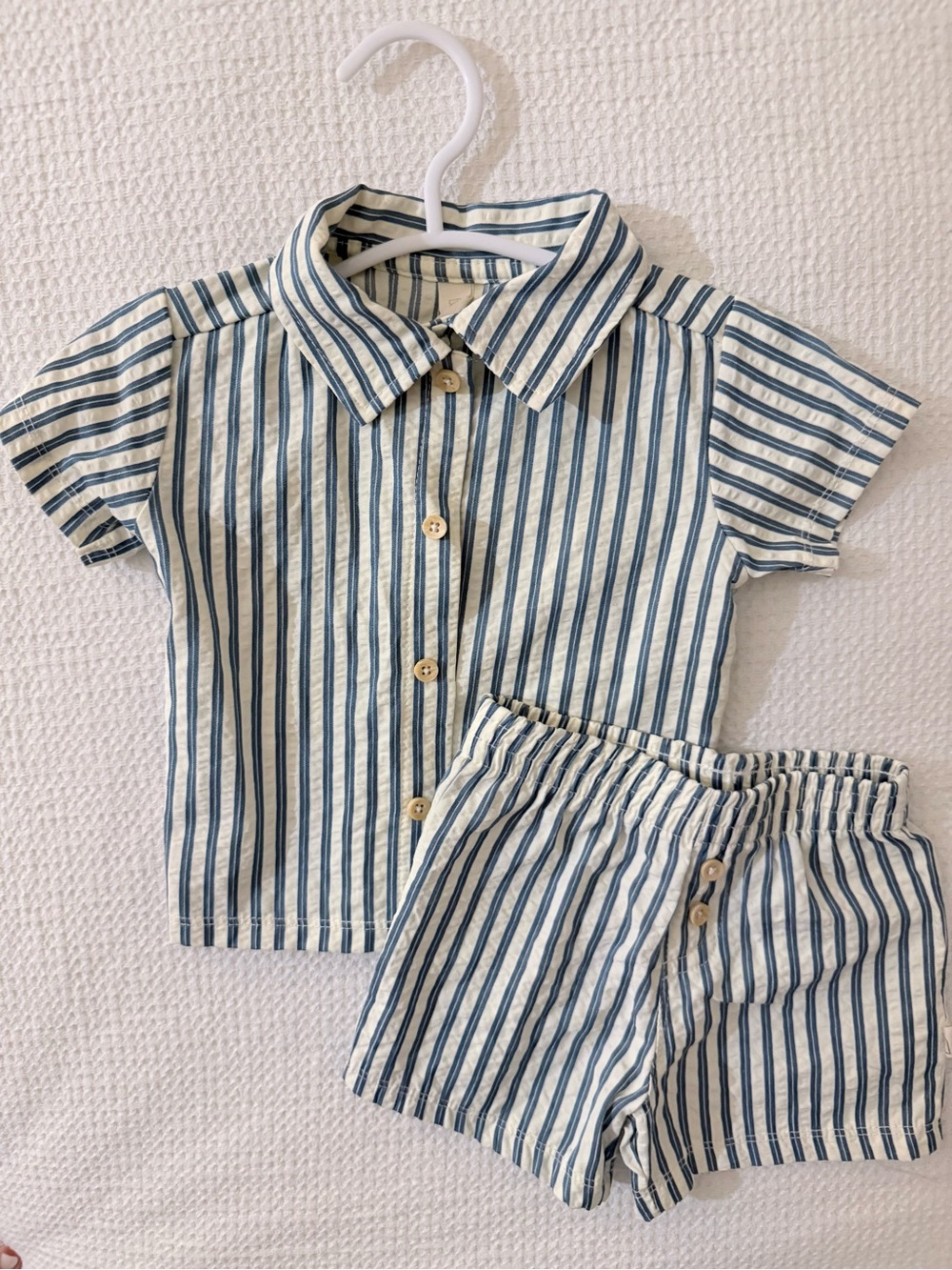 Striped Blue & White Button-Down Shirt and Shorts Set - Kids